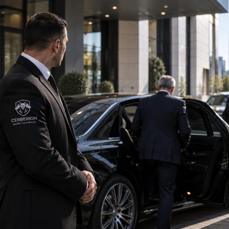 Agent de protection rapprochée Cerberion assurant la sécurité d'un VIP au Luxembourg
