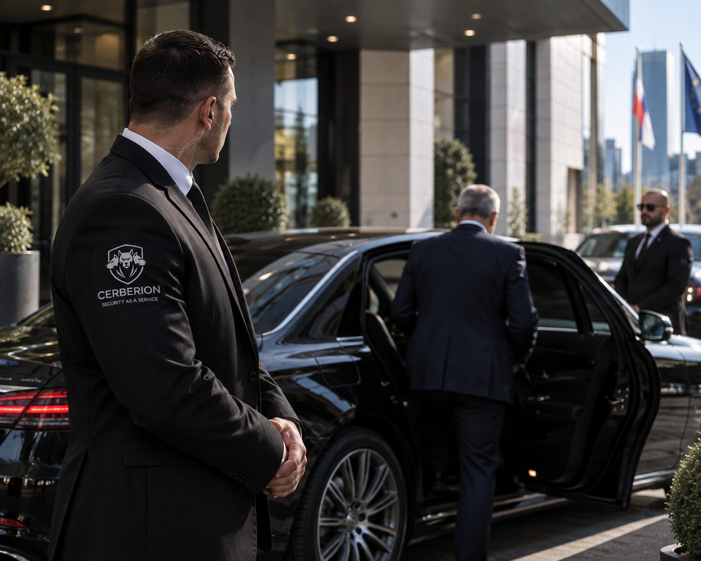 Agent de protection rapprochée Cerberion assurant la sécurité d'un VIP au Luxembourg