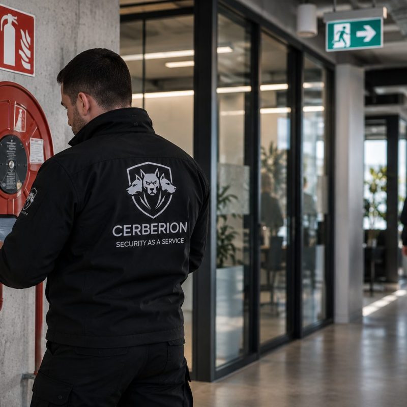 Agent Cerberion vérifiant les équipements de sécurité incendie en entreprise au Luxembourg