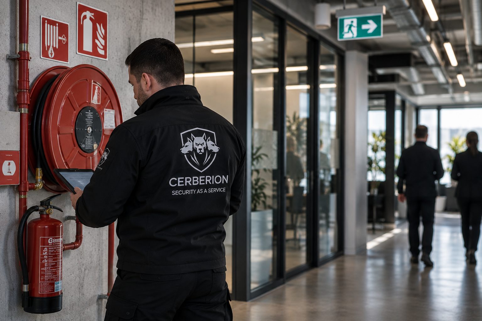 Agent Cerberion vérifiant les équipements de sécurité incendie en entreprise au Luxembourg
