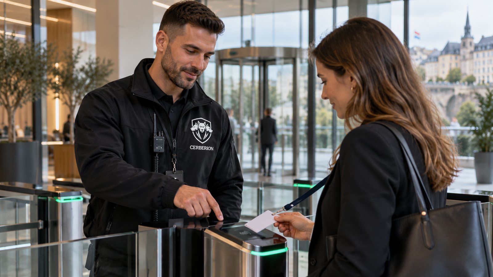 Agent Cerberion au contrôle d'accès d'une entreprise au Luxembourg