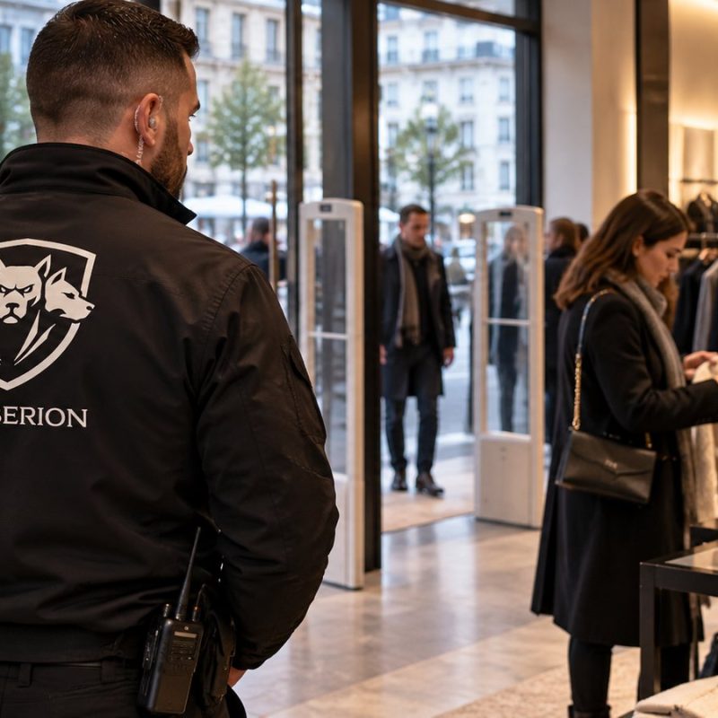 Agent de sécurité Cerberion surveillant un commerce au Luxembourg