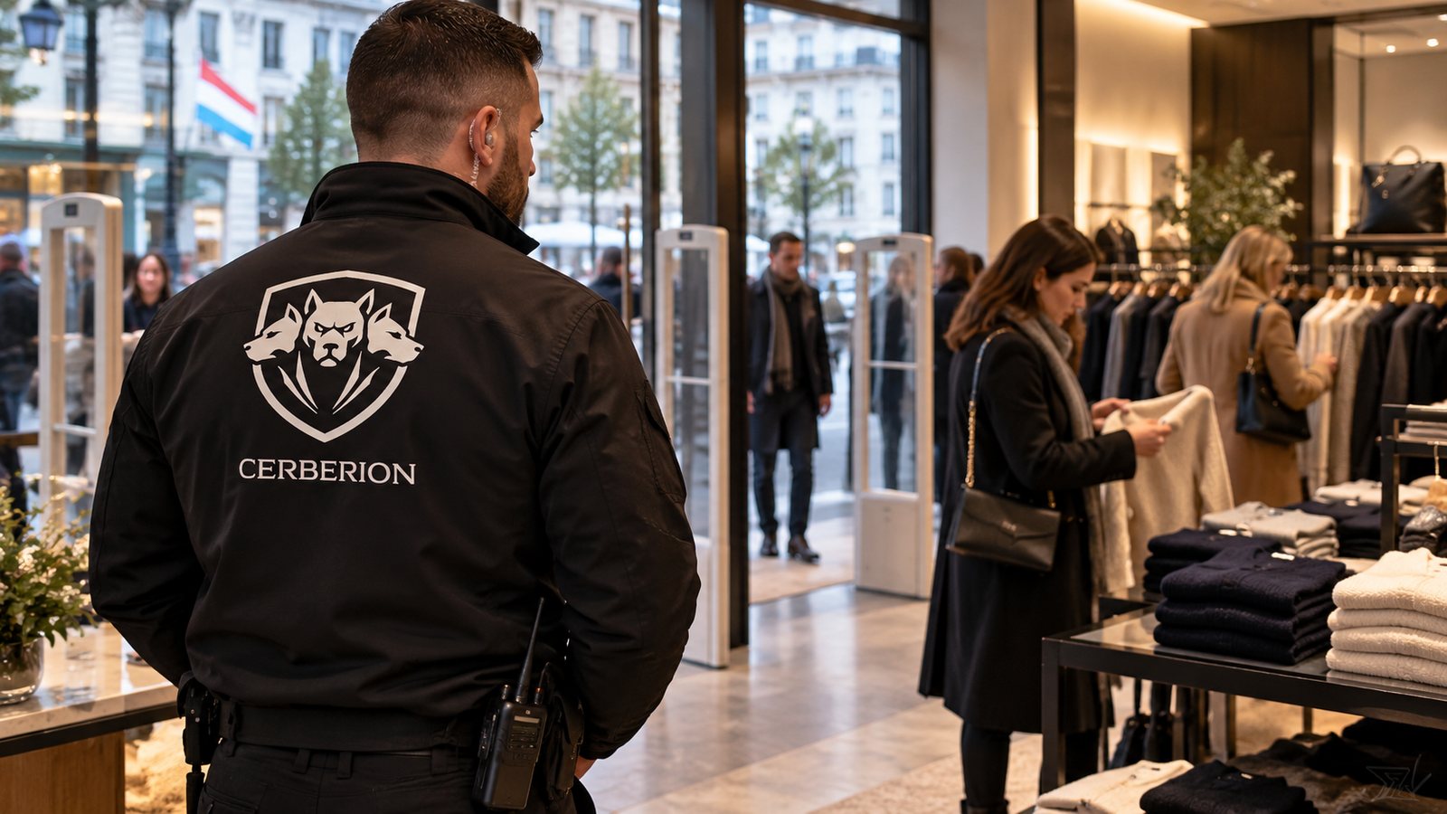 Agent de sécurité Cerberion surveillant un commerce au Luxembourg